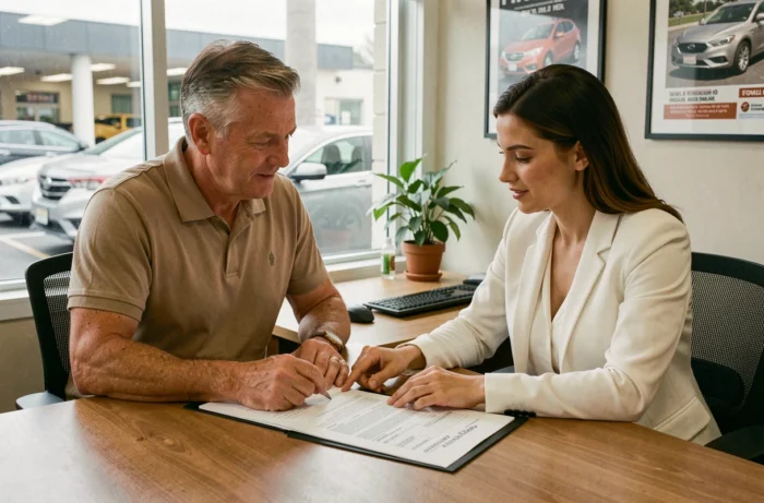Vendeur et acheteur signant les documents de vente d'une voiture d'occasion dans un bureau