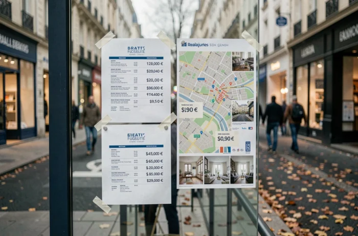 Vitrine d'agence immobilière à Lyon affichant des annonces de location avec prix en euros