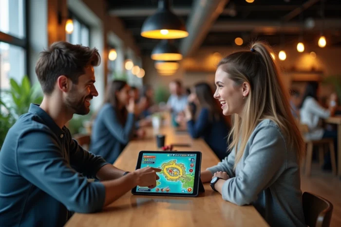 Deux amis collaborant autour d'une tablette pour analyser la carte et les astuces du jeu Aeonscope dans un café