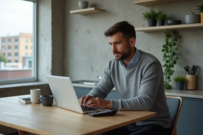 Homme analysant un investissement immobilier sur ordinateur portable avec données financières dans un appartement moderne