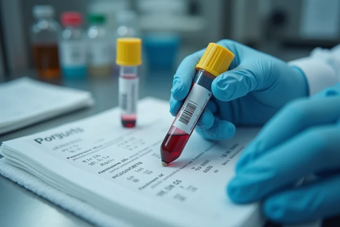 Technicien de laboratoire manipulant un tube de prélèvement sanguin pour une analyse du marqueur tumoral CA 19-9