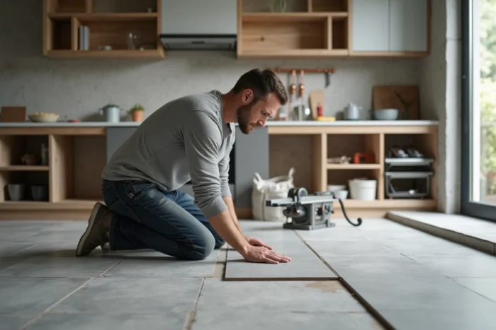 Artisan posant du carrelage gris dans une cuisine en cours de rénovation intérieure