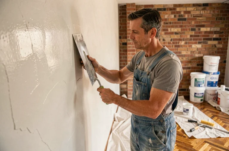 Artisan en train de plafonner un mur intérieur pendant des travaux de rénovation résidentielle