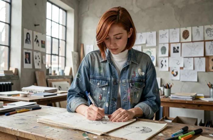 Giovane artista che schizza illustrazioni in un atelier creativo condiviso con tavole di ispirazione al muro