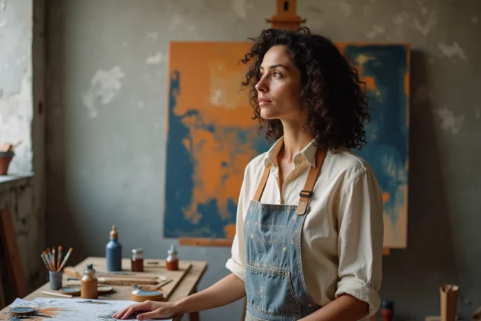 Artiste engagée Astrée Lhermitte-Soka debout devant une grande toile abstraite dans son atelier aux murs en béton brut