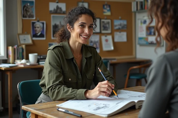 Astrée Lhermitte-Soka dans un espace communautaire artistique, discutant de son engagement avec des carnets de croquis ouverts devant elle