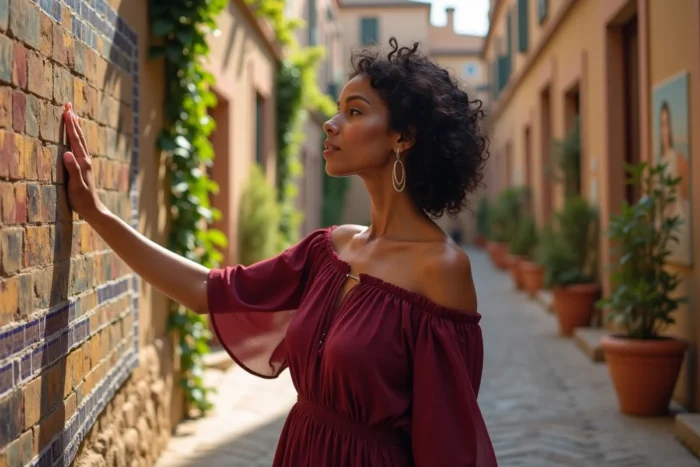 Astrée Lhermitte-Soka admirant une fresque en mosaïque dans une cour extérieure aux murs en pierre, robe bordeaux, ambiance culturelle et méditerranéenne
