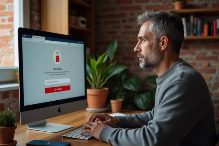 Homme utilisant une authentification à deux facteurs pour sécuriser l'accès à son webmail depuis un bureau à domicile
