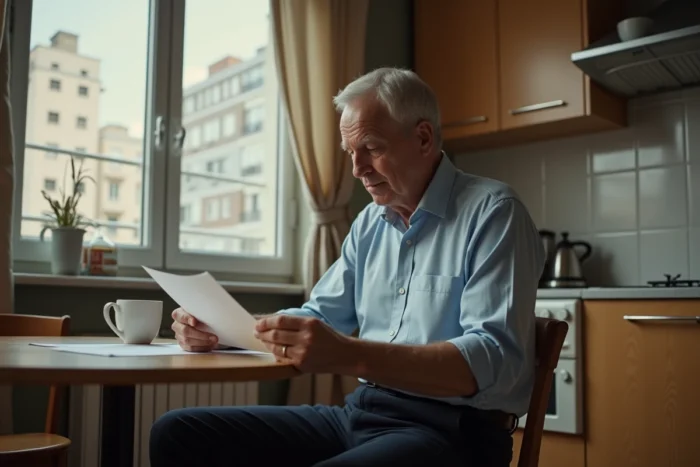 Homme lisant une lettre d'avis favorable d'attribution de logement social dans son appartement