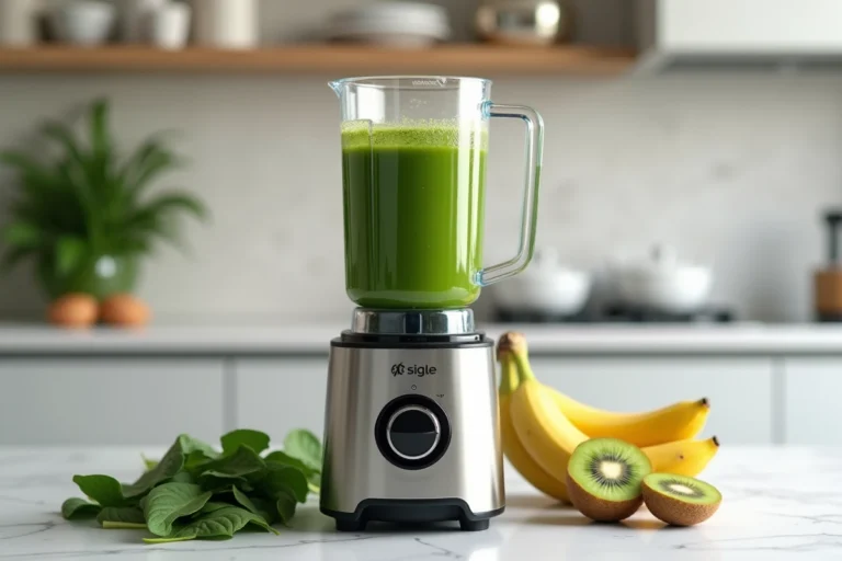 Blender Top Chef posé sur un plan de travail en marbre blanc avec un smoothie vert et des fruits frais