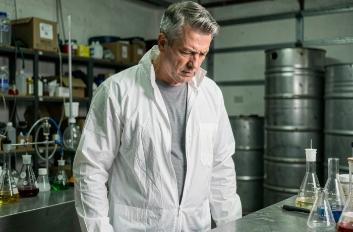 Homme d'âge mûr en combinaison de protection chimique blanche dans un garage industriel équipé de matériel de laboratoire, expression déterminée et concentrée