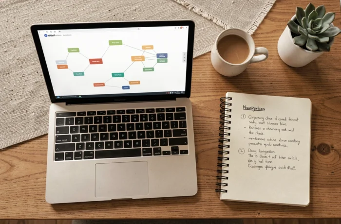 Vue en plongée d'un bureau avec un ordinateur affichant un sitemap de site web, un carnet de notes et une tasse de café