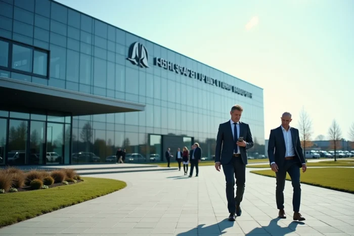 Campus moderne d'un grand constructeur aéronautique européen avec des cadres en costume circulant devant un bâtiment en verre