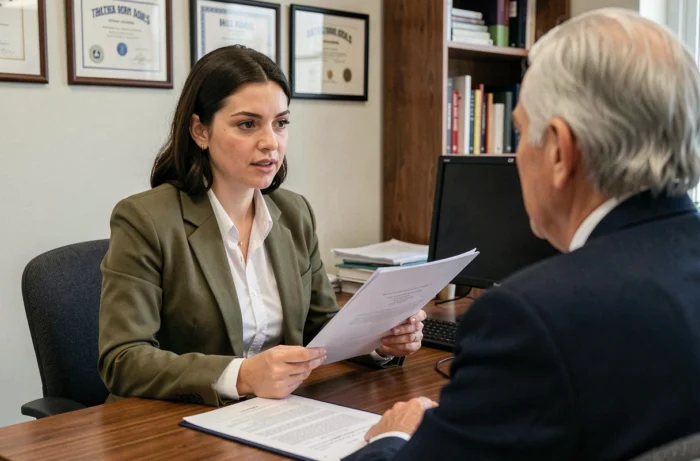 Candidate CPE lors d'un entretien de sélection dans un bureau administratif scolaire