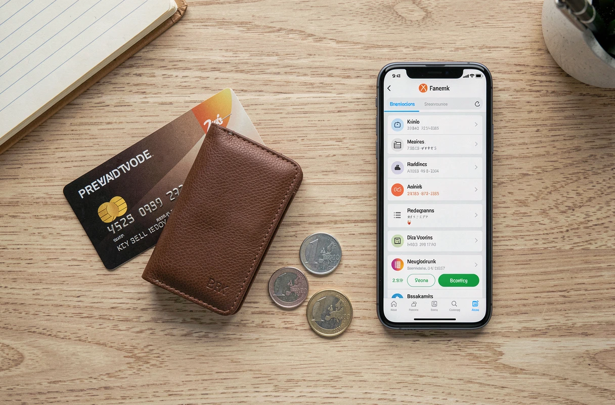 Vue en plongée d'une carte prépayée, portefeuille et smartphone avec application bancaire sur un bureau en bois