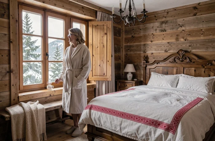 Chambre d'hôtel chalet authentique à Megève avec vue sur les montagnes enneigées et décoration savoyarde