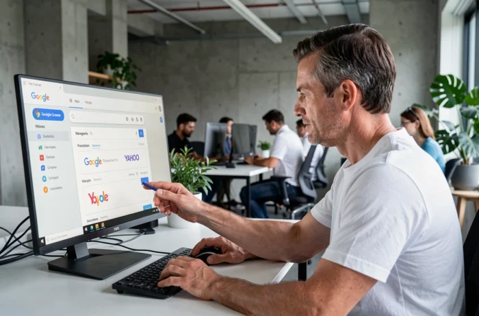 Homme remplaçant Yahoo par Google comme moteur de recherche par défaut dans Chrome sur un ordinateur de bureau en open space