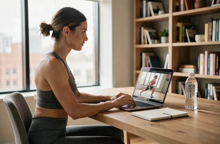 Femme choisissant un coach sportif en ligne depuis son bureau à domicile lors d'une session de visioconférence fitness