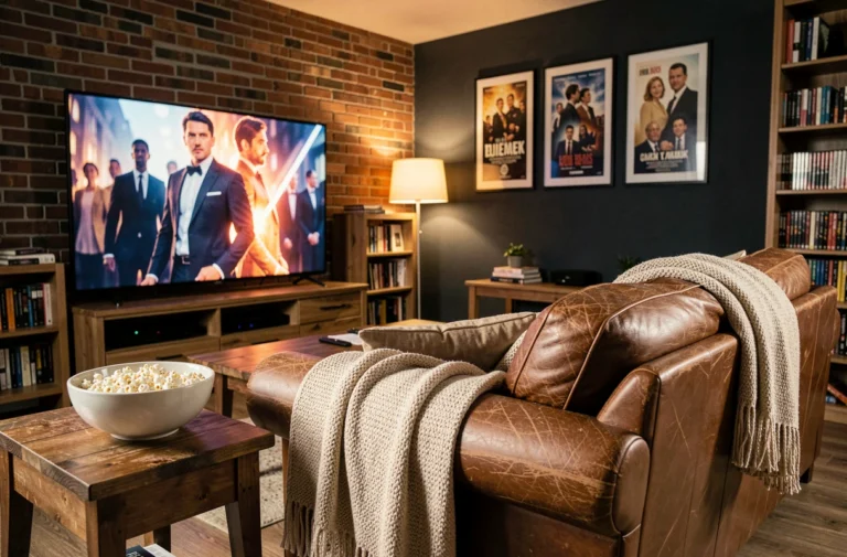 Salon cosy avec écran de cinéma maison diffusant une série dramatique, canapé en cuir et popcorn sur table en bois