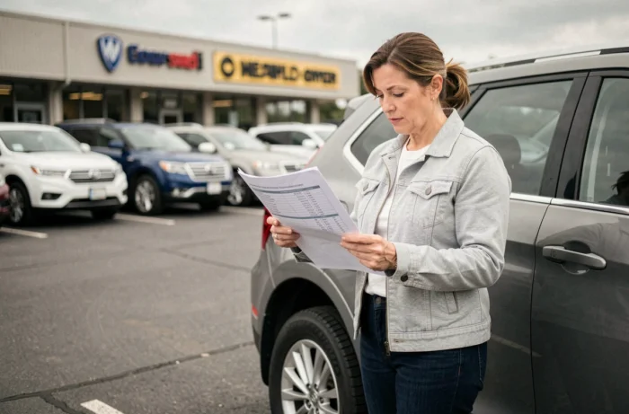 Femme consultant une fiche technique de pneu dans un parking de concessionnaire pour comparer les indices de charge 91v et 94v