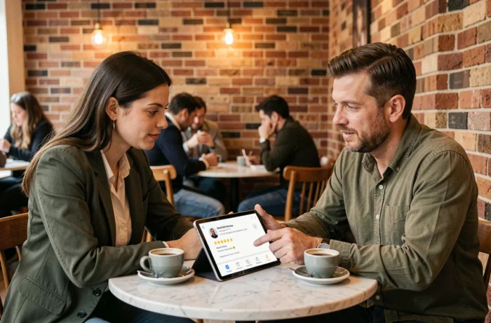 Deux collègues discutant ensemble de la fiabilité d'un service en ligne dans un café en consultant une tablette
