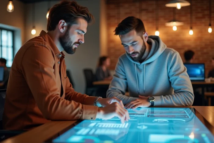 Deux collègues analysant des tableaux de bord IA sur une table tactile interactive dans un espace de coworking, reflet des outils technologiques de 2024