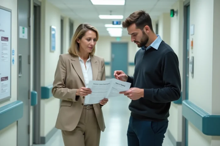 Deux collègues administratifs d'un établissement de santé discutant des règles de reprise d'ancienneté selon la CCN 51