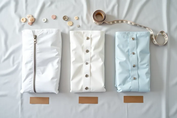 Comparaison de différents types de fermetures pour housse de couette : zip, boutons pression et boutons classiques en vue à plat