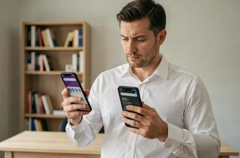 Homme comparant deux smartphones Samsung Galaxy A et S tenus côte à côte dans un bureau minimaliste