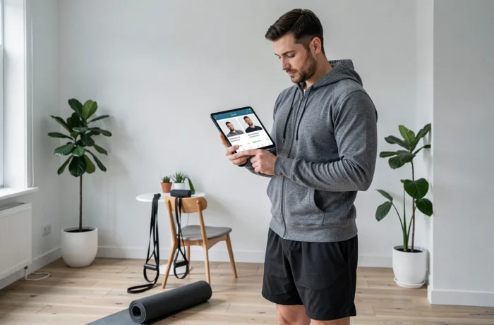 Homme comparant des profils de coachs sportifs en ligne sur une tablette dans un salon minimaliste