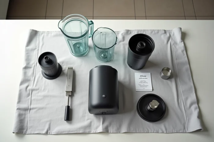 Vue à plat des composants démontés d'un blender Top Chef pour un guide d'achat comparatif