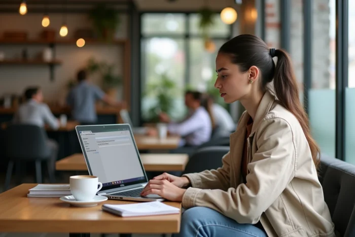 Enseignant configurant son compte messagerie ac-versailles avec les paramètres IMAP dans un café