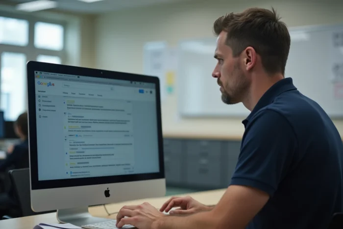 Administrateur scolaire configurant la messagerie ac-versailles sur Gmail dans un bureau d'établissement