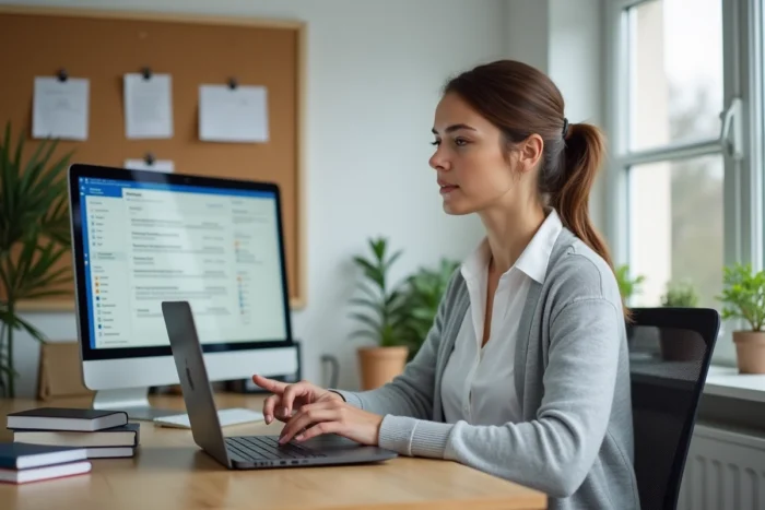 Femme configurant sa messagerie académique ac-versailles sur Outlook depuis un bureau à domicile