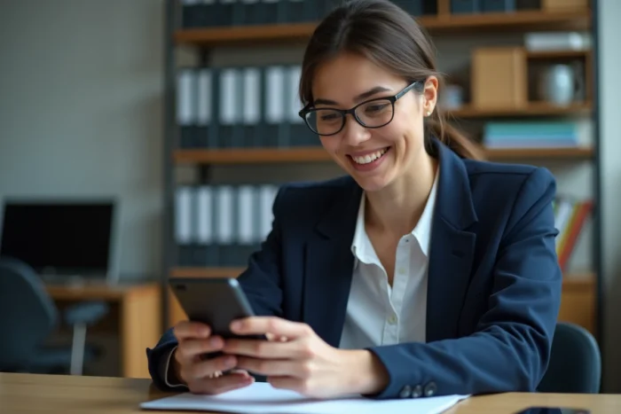 Femme enseignante configurant sa messagerie Zimbra académique sur un smartphone Android dans un bureau scolaire