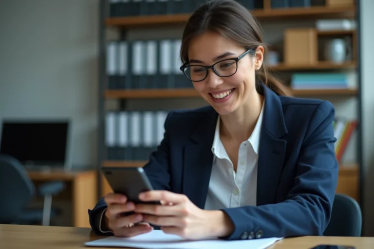 Femme enseignante configurant sa messagerie Zimbra académique sur un smartphone Android dans un bureau scolaire