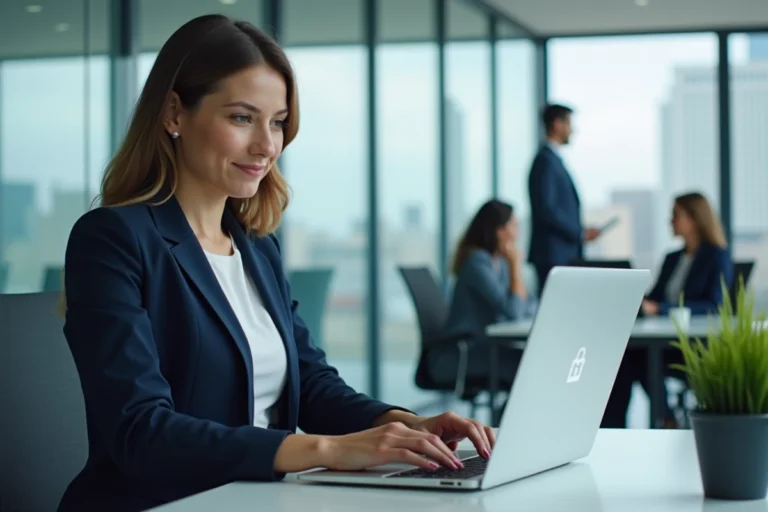 Femme professionnelle se connectant de manière sécurisée à son webmail sur un ordinateur portable dans un bureau moderne à Lyon