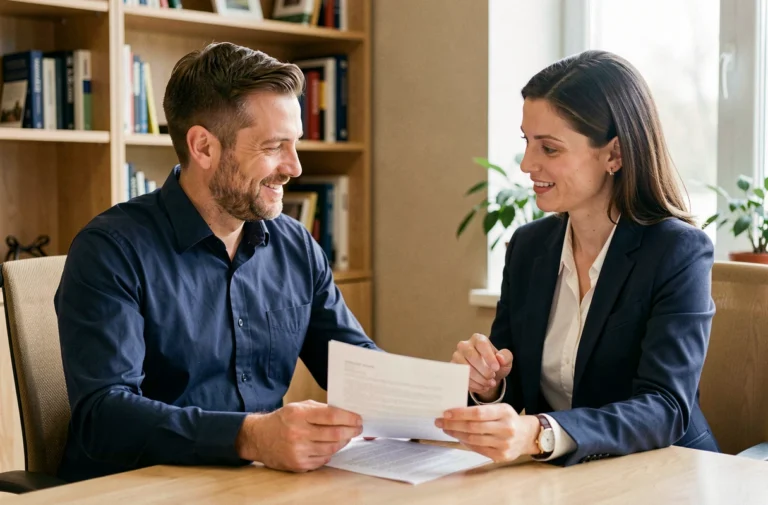 Conseiller bancaire Casden et client discutant d'un dossier de prêt immobilier dans une agence professionnelle