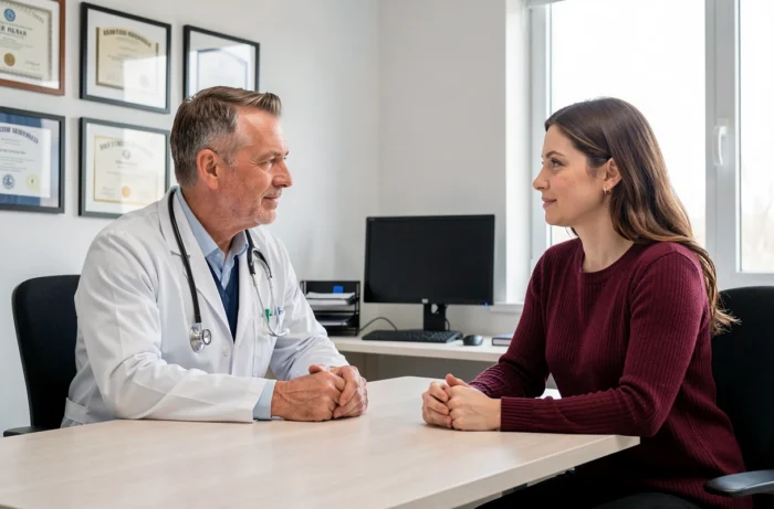 Médecin et patiente discutant des options de mutuelle santé lors d'une consultation médicale