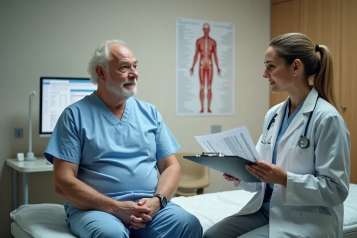 Médecin expliquant les résultats d'un taux de CA 19-9 élevé à un patient lors d'une consultation médicale