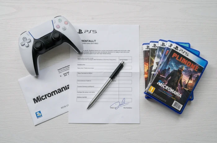 Vue à plat d'un contrat de location PS5 avec manette DualSense et jeux vidéo sur un bureau blanc