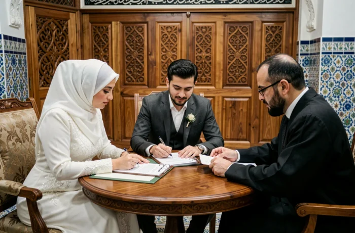 Couple musulman signant le contrat de mariage nikah en présence d'un imam dans une mosquée
