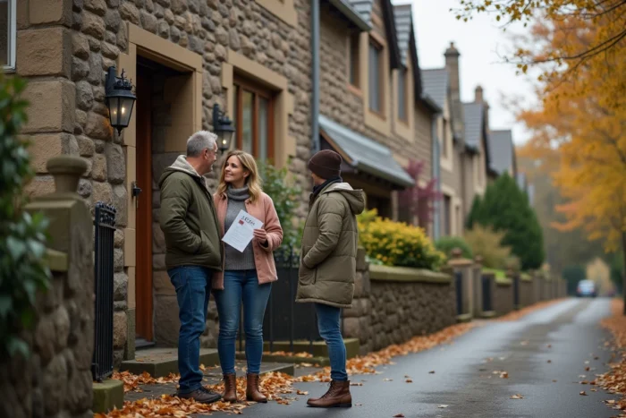 Couple en visite devant une maison à vendre dans un quartier résidentiel en automne, projet d'achat immobilier