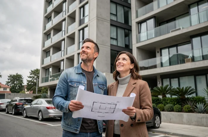 Couple de futurs propriétaires examinant les plans de leur futur logement financé par un prêt immobilier Casden
