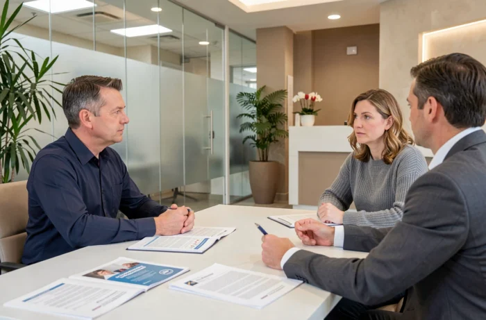 Couple discutant avec un conseiller bancaire pour obtenir un crédit adapté à leurs projets financiers
