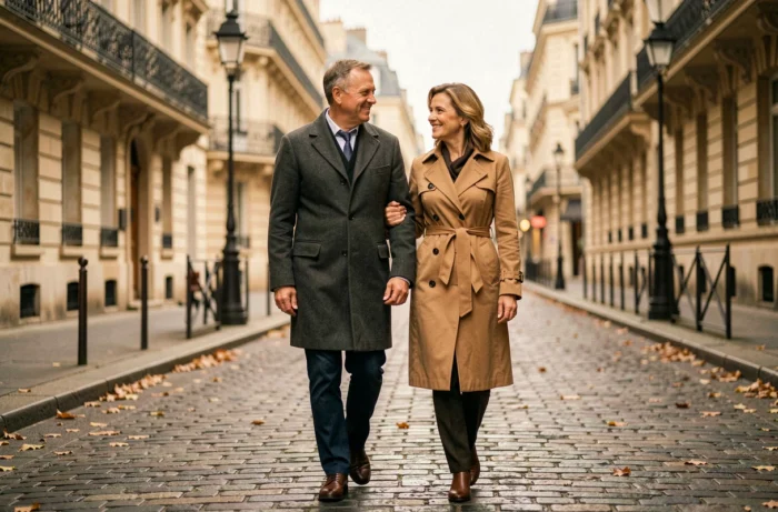 Couple élégant se promenant dans une rue pavée parisienne en automne, évoquant la vie de couple et la sphère privée