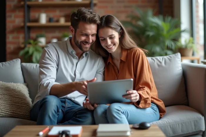 Couple cherchant un logement à louer ensemble sur une tablette numérique dans leur salon