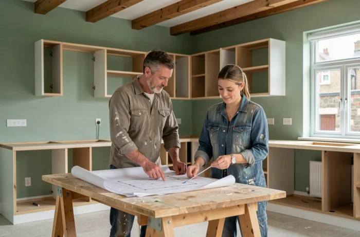 Couple examinant des plans de rénovation dans une cuisine partiellement rénovée