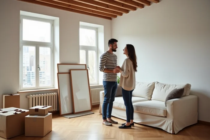 Couple découvrant leur salon rénové avec parquet en chêne et décoration intérieure contemporaine