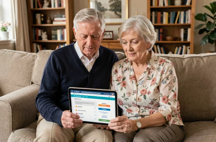 Couple de seniors comparant des mutuelles santé sur une tablette dans leur salon